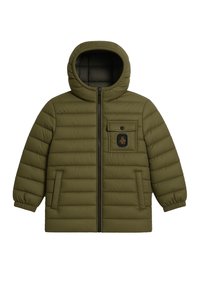 Giacca a vento verde con cappuccio, design trapuntato, zip frontale e tasche laterali. Presenta una tasca sul petto con bottone e dettaglio del logo.