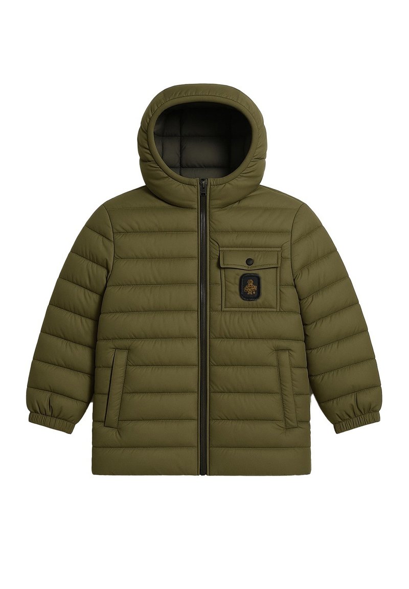 Giacca a vento verde con cappuccio, design trapuntato, zip frontale e tasche laterali. Presenta una tasca sul petto con bottone e dettaglio del logo.