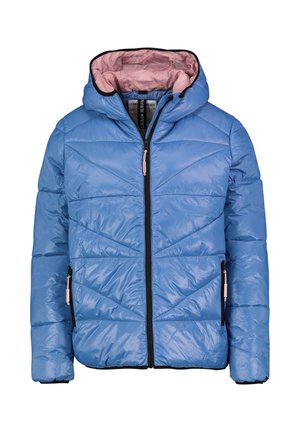 Light blue puffer jacket with a hood, featuring a soft pink interior, black zipper, and chevron stitching pattern on the exterior.