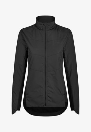 Black insulated jacket with a high collar, full zip, and textured side panels. Features a sleek design with angled seams and a longer back.