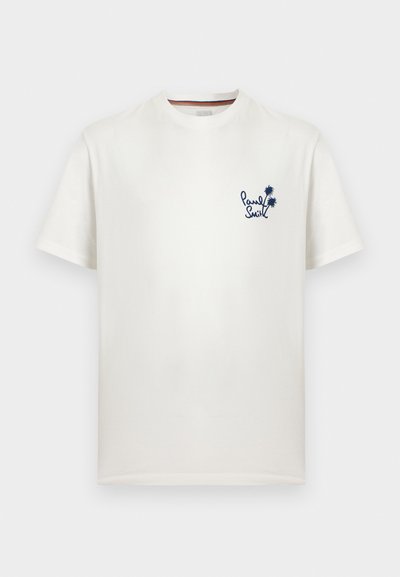 Άσπρο κοντομάνικο t-shirt με στρογγυλή λαιμόκοψη, μικρό ναυτικό μπλε σχέδιο φοίνικα και λογότυπο "Paul Smith" στο αριστερό στήθος.