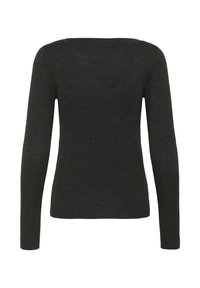 Pull gris foncé à manches longues avec une coupe ajustée, vu de dos sur fond blanc.