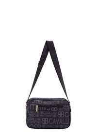 Borsa a spalla nera con motivo a logo, texture liscia, zip in tono oro e tracolla regolabile con dettagli del logo.