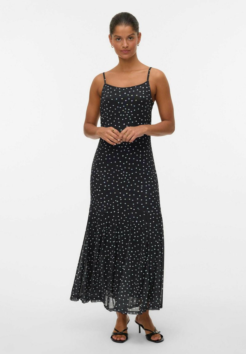 Robe maxi noire à fines bretelles, ornée d'un motif à pois de différentes couleurs, en matière fluide et avec un ourlet évasé.