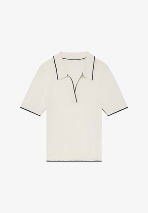 Biała dzianinowa koszulka polo z granatowymi wstawkami na kołnierzyku i rękawach, z półrozpinanym przodem i krótkimi rękawami. Miękka faktura.