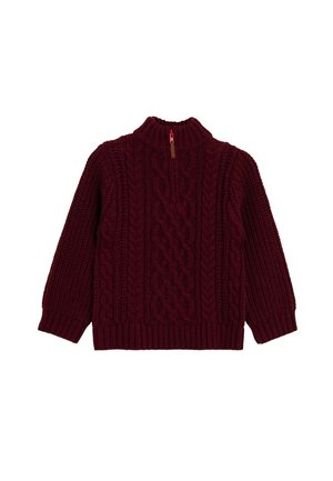 Burgunderfarbener Strickpullover mit Kabelmustern, hohem Kragen und halbseitigem Reißverschluss. Gerippte Bündchen und Saum, strukturierter Stoff.