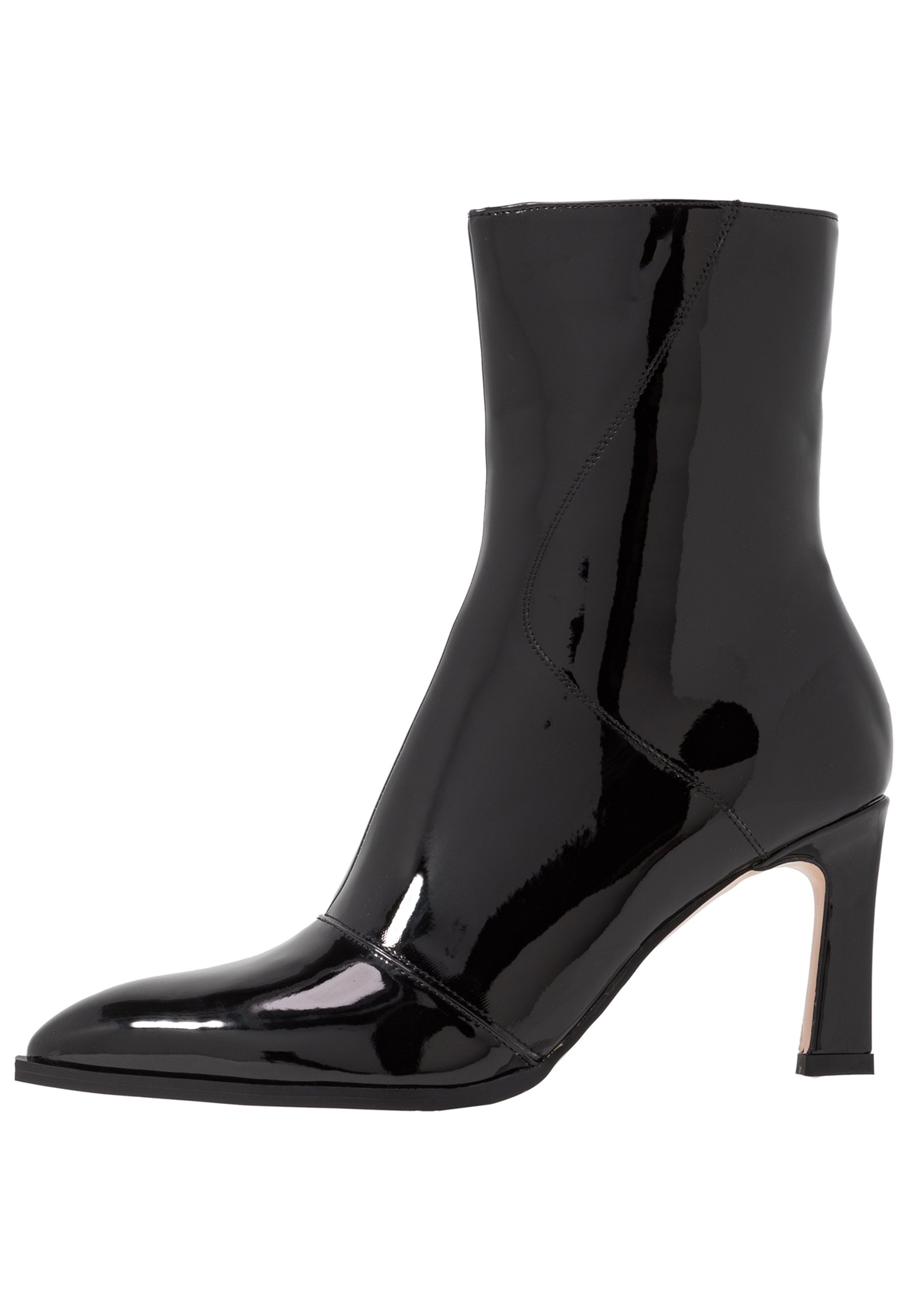 glossy black ankle boots