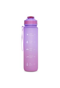 Purple to pink gradient water bottle with motivational time markers and symbols, flip-top lid, and carrying strap.