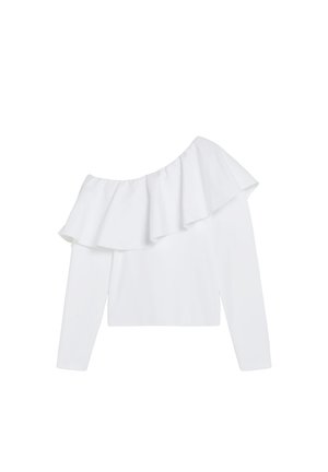 Top blanco de manga larga para mujer con escote de un solo hombro con volantes, cintura ajustada y tejido liso.