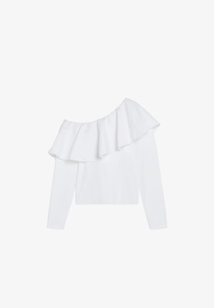 Top blanco de manga larga para mujer con escote de un solo hombro con volantes, cintura ajustada y tejido liso.