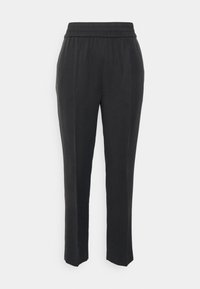 Pantalons noirs avec une taille élastique et une coupe droite. Fabriqués en tissu doux, ils sont dotés de poches latérales et d'une finition lisse et texturée.