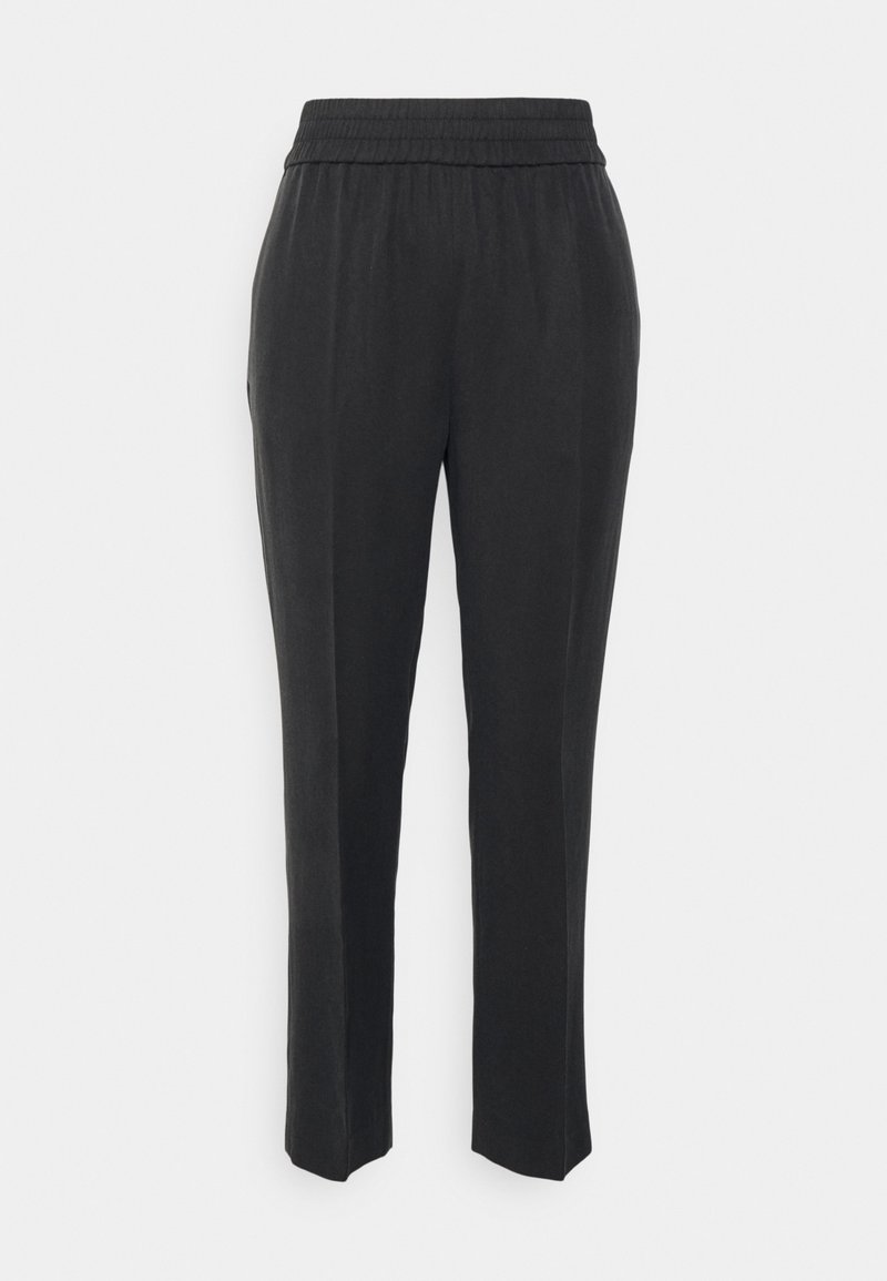 Pantalons noirs avec une taille élastique et une coupe droite. Fabriqués en tissu doux, ils sont dotés de poches latérales et d'une finition lisse et texturée.