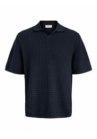 Polo bleu marine à manches courtes avec un motif en tricot gaufré texturé et un col classique.