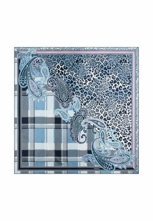 Hellblauer Seidenschal mit Paisley- und Leopardenmuster, eingefasst von einem schwarz-weißen Karo-Design mit feinen pinkfarbenen Akzenten.