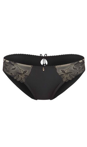 Sous-vêtements noirs avec des bordures en dentelle florale, tissu lisse, un bord festonné et un nœud décoratif à l'arrière avec un petit détail en forme de clé.