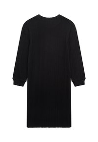 Schwarzes Strickkleid mit gerippter Textur, langen Ärmeln und rundem Ausschnitt, im geraden Schnitt und knielanger Gestaltung.