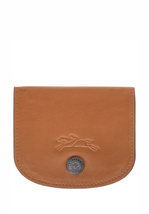 Braune Leder Geldbörse mit abgerundetem Klappdeckel, geprägt mit einem laufenden Hasen-Logo und silberfarbenen Beschlägen. Verfügt über saubere Nähte und eine glatte Textur.