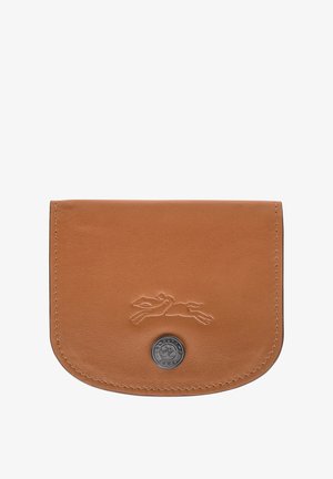 Braune Leder Geldbörse mit abgerundetem Klappdeckel, geprägt mit einem laufenden Hasen-Logo und silberfarbenen Beschlägen. Verfügt über saubere Nähte und eine glatte Textur.