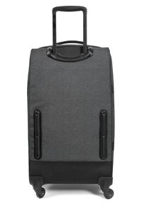 Gray fabric rolling suitcase with a retractable handle, black accents, and two rubber wheels for mobility. Flat back with surface texture details.