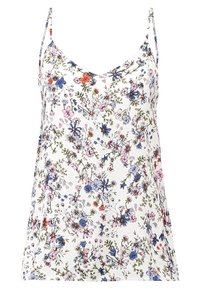 Camisola bianca con spalline sottili, caratterizzata da un motivo floreale multicolore in blu, rosa, rosso e verde.