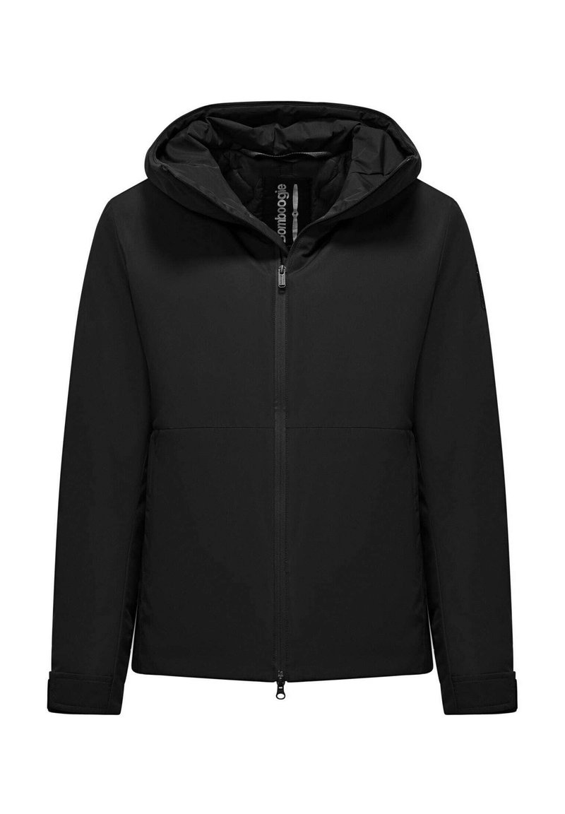 Zwarte zip-up jas met capuchon, gemaakt van glad buitenmateriaal. Heeft een rechte snit, twee voorzakken en verstelbare manchetten.
