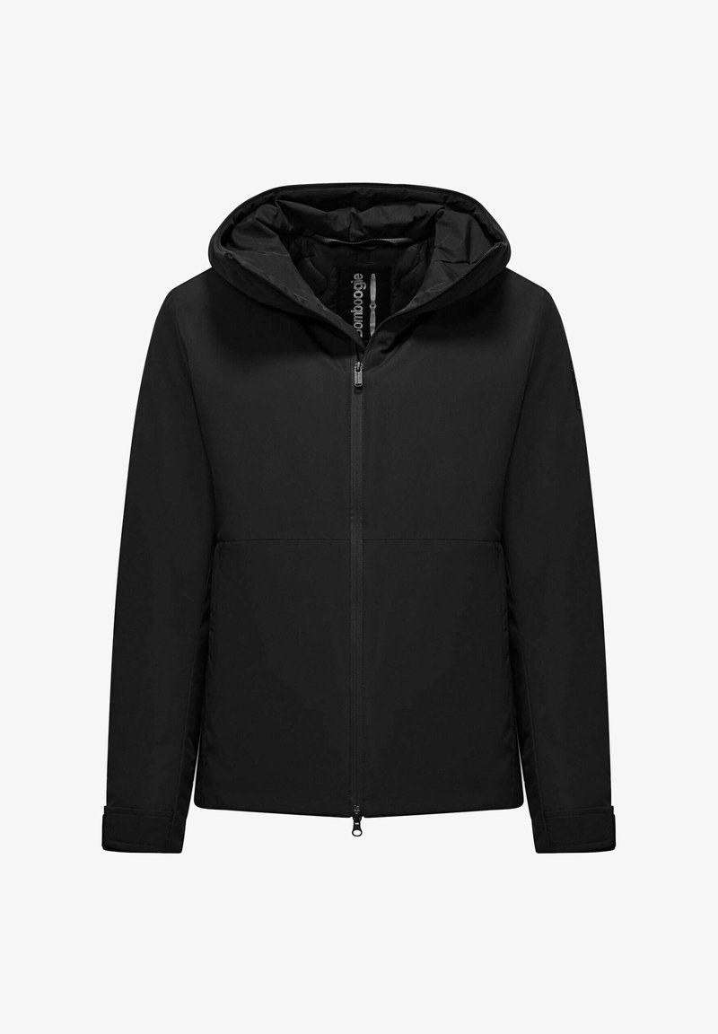 Zwarte zip-up jas met capuchon, gemaakt van glad buitenmateriaal. Heeft een rechte snit, twee voorzakken en verstelbare manchetten.
