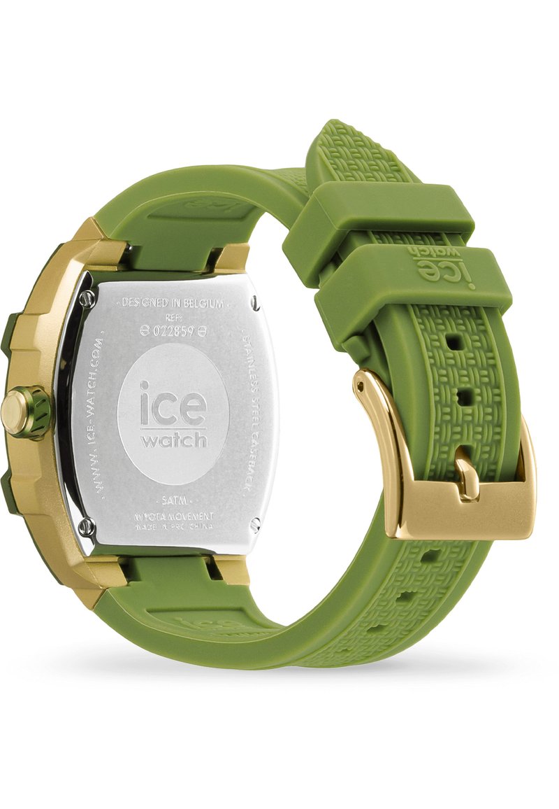 Montre avec un bracelet en silicone vert et des accents dorés, dotée d'un dos en acier inoxydable et d'un design de bracelet texturé. Étanche jusqu'à 50 mètres.