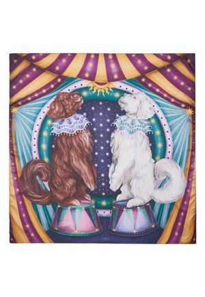 Circus-themed illustration featuring a brown dog and a white dog on colorful drums, wearing ruffled collars, against a starry backdrop.