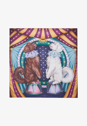 Illustrazione a tema circo che presenta un cane marrone e un cane bianco su tamburi colorati, indossando colli arricciati, sullo sfondo di un cielo stellato.