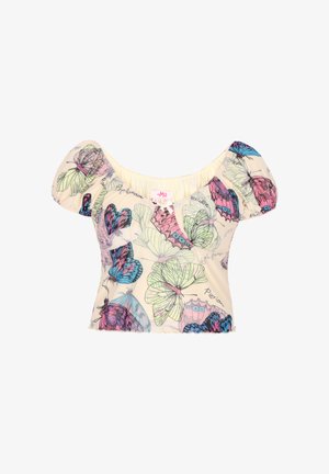 Blouse à manches courtes couleur crème avec motifs de papillons multicolores et manches bouffantes, présentant un col carré et une taille cintrée.