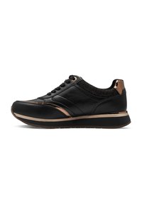 Black sneakers with leather and textured fabric upper, bronze accents, round toe, lace fastening, cushioned sole, and a low heel.