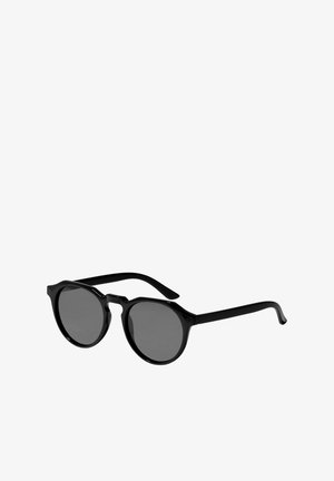 Black sunglasses with round lenses, dark gray tint, and glossy plastic frame. Features curved temples for a secure fit.