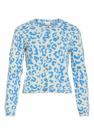 Blauwe cardigan met luipaardprint, lange mouwen, ronde hals en knoopsluiting. Gemaakt van zacht gebreide stof met geribbelde manchetten en zoom.