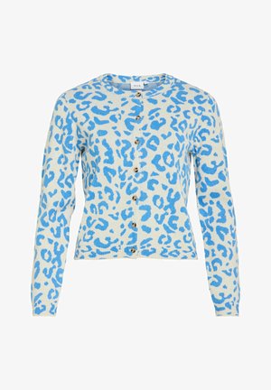Modri pulover z leopardjim potiskom, dolgimi rokavi, okrolim izrezom in zapiranjem na gumbe. Narejen iz mehkega pletenega materiala z rebrastimi manšetami in spodnjim robom.