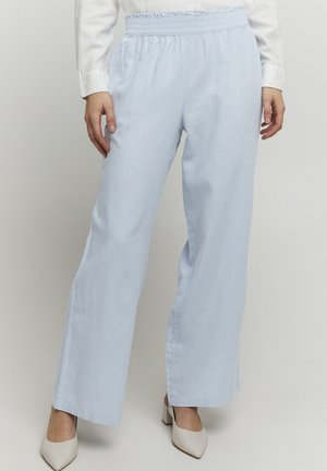Helleblaue weit geschnittene Hose mit einem elastischen Bund, aus leichtem Stoff gefertigt, mit einer glatten Textur und lockerem Sitz.