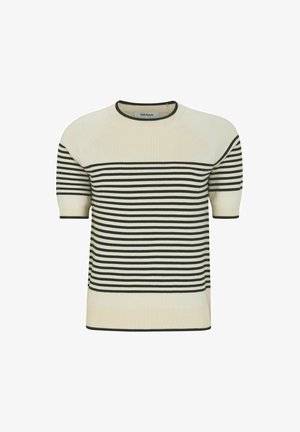 Svītrots īsajām piedurknēm, krēmkrāsas un tumši zilas krāsas džemperis. Iezīmēts ar apaļu kakla izgriezumu, ribotiem piepūšamiem un maigu adītu tekstūru.