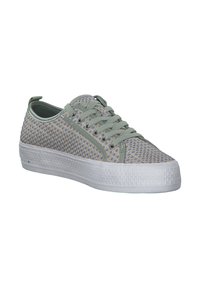 Green and beige mesh sneakers with a white rubber sole, featuring a textured pattern, flat laces, and eyelets for secure fit.