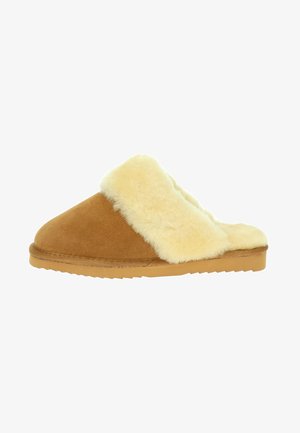 Brown suede slipper with a fluffy cream collar, flat sole, and textured bottom, featuring a slip-on design for easy wear.