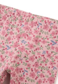Katoenen leggings met een roze achtergrond en een bloemenpatroon in tinten van roze, groen en blauw; elastische tailleband.