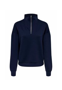 Pull-over marine avec un col haut et une fermeture éclair de quart. Dispose d'une silhouette large, de poignets côtelés et d'un tissu lisse et texturé.