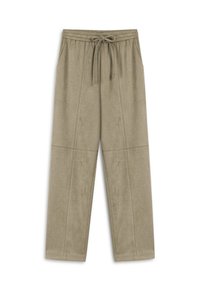 Pantalons en tissu doux de couleur brun clair, avec une taille élastique et un cordon de serrage, dotés de poches latérales et d'un design décontracté à jambe droite.