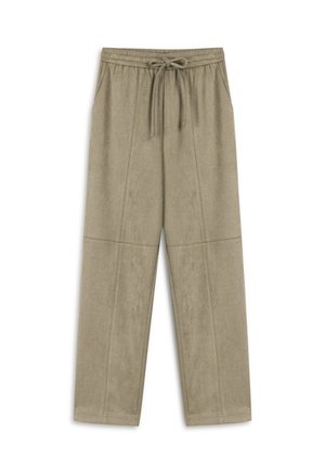 Světlé hnědé měkké kalhoty z látky s elastickým pasem a šňůrkou na stažení, vybavené bočními kapsami a uvolněným, rovně střiženým designem.