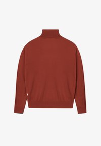 Του λαιμού με σκούρο πορτοκαλί χρώμα και μακριά μανίκια, με ραμμένα μανίκια και στρίφωμα, παρουσιασμένο από πίσω σε λευκό φόντο.