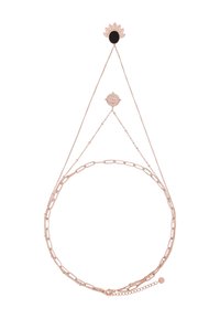 Collier superposé en or rose, comprenant un pendentif floral, un médaillon circulaire et un design de chaîne avec des maillons et des perles.