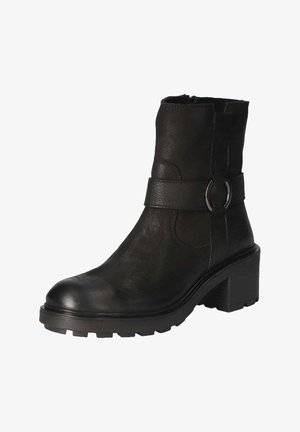 Stivaletto nero in pelle con tacco a blocco, punta tonda, cinturino con dettaglio ad anello metallico e suola in gomma strutturata.