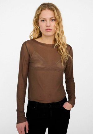 Long-sleeve, sheer brown top with a round neck and triangle-shaped design on the bust. Made from lightweight, translucent fabric.