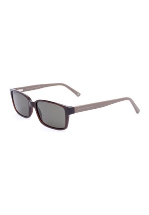 Occhiali da sole rettangolari marroni con lenti scure e aste beige con il marchio "United Colors of Benetton".