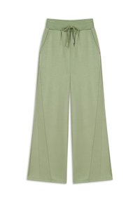 Lichtgroene wijde broek gemaakt van een zachte, rekbare stof. Voorzien van een elastische tailleband met een trekkoord en zijzakken.