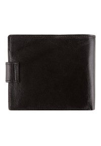 Black leather wallet with a smooth texture, featuring a fold-over design and a side strap closure. Compact and rectangular shape.
