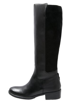 Bottes en cuir noires montantes avec une finition lisse et un panneau en daim contrasté. Bout carré et petit talon bloc.